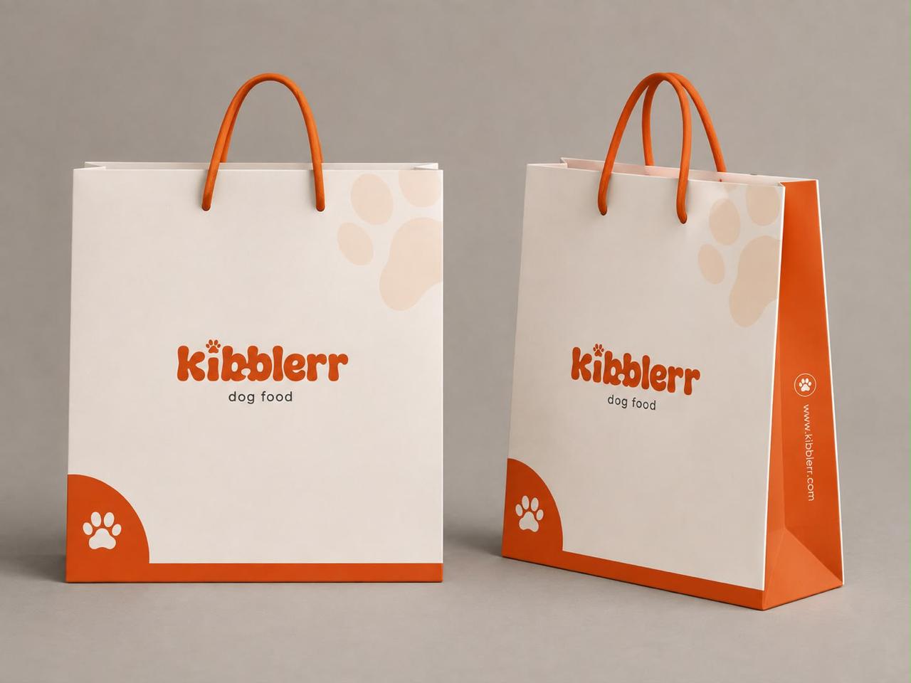 kibblerr branded shopping bags in orange and cream