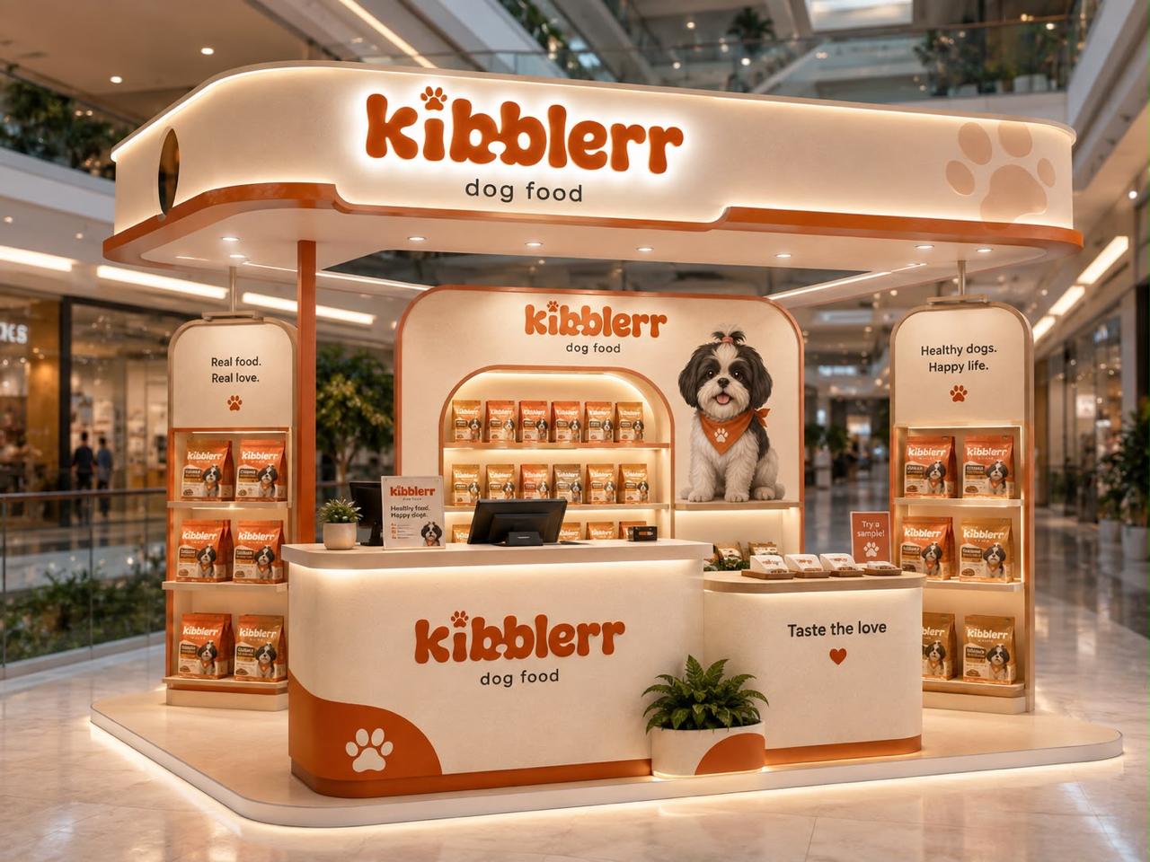 kibblerr retail kiosk displaying Chicken & Rice Recipe packs with brand mascot dog imagery