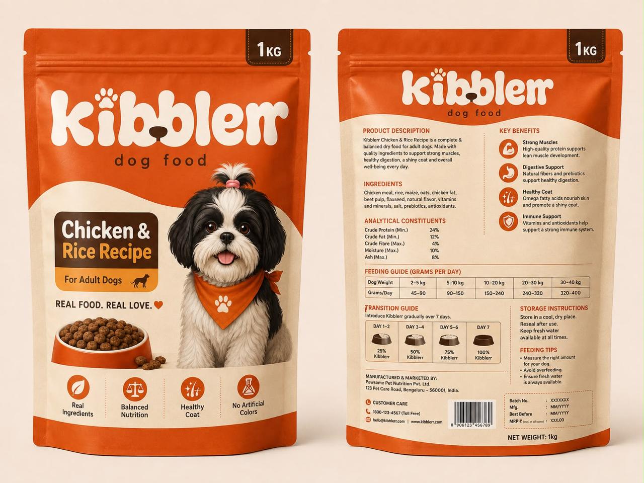kibblerr Chicken & Rice Recipe 1 kg pack front and back